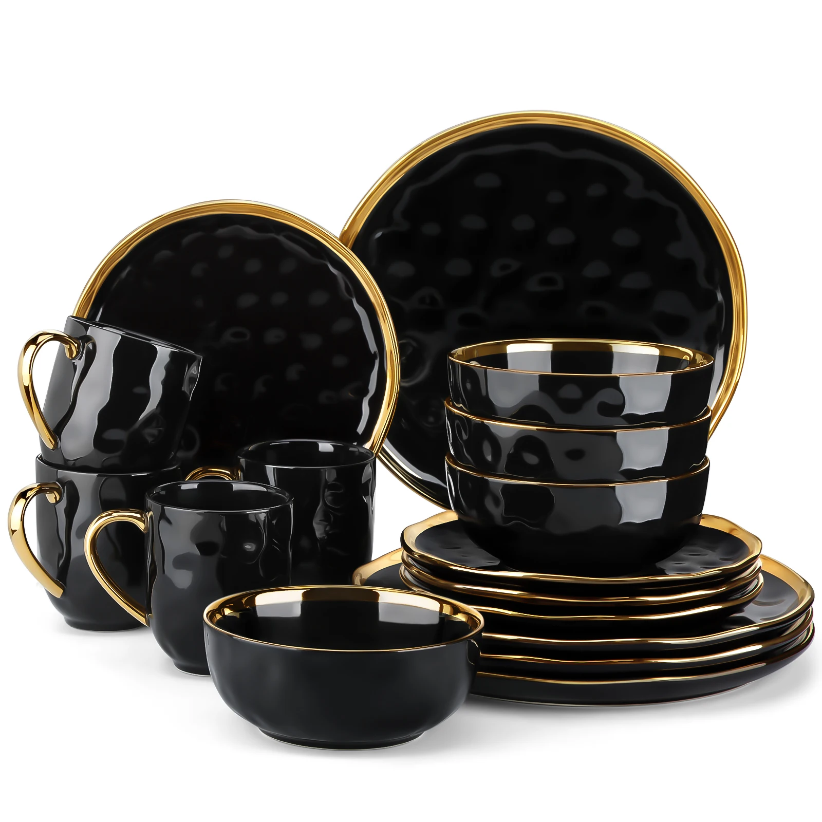 LOVECASA 16/32 Piece Black Porcelain Dinnerware Set with Gold Trim Dessert Plate,Dinner Plate,Cup,Bowl Tableware Set