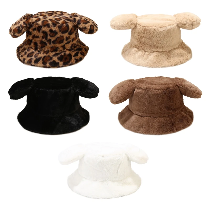 

Faux Rabbit Fur Hat Solid Color/Leopard Print Soft Big Ear Fisherman Cap