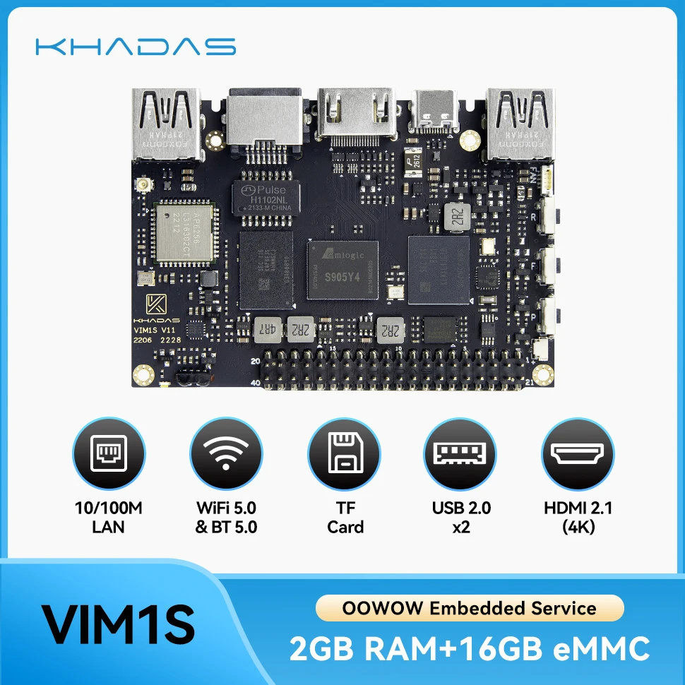 Khadas VIM1S single board computer Amlogic S905Y4 2GB 16GB SBC Support 2.4G/5G WiFi Bluetooth 5.0, Multi-Video Dec 4k TF Card