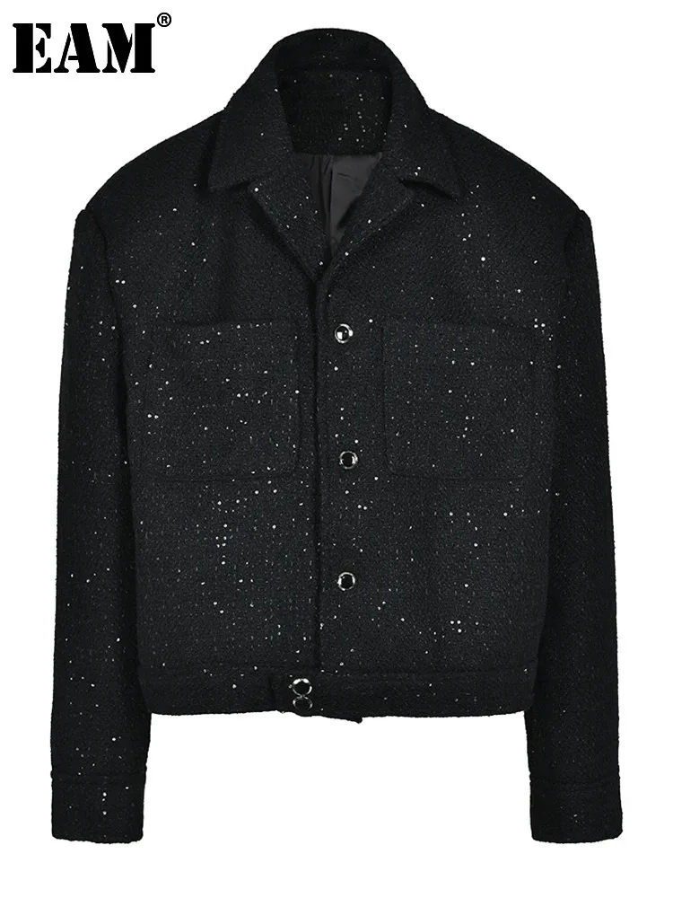 

[EAM] Loose Fit Black Thick Sequins Big Size Jacket New Lapel Long Sleeve Women Coat Fashion Tide Spring Autumn 2024 CPG0499