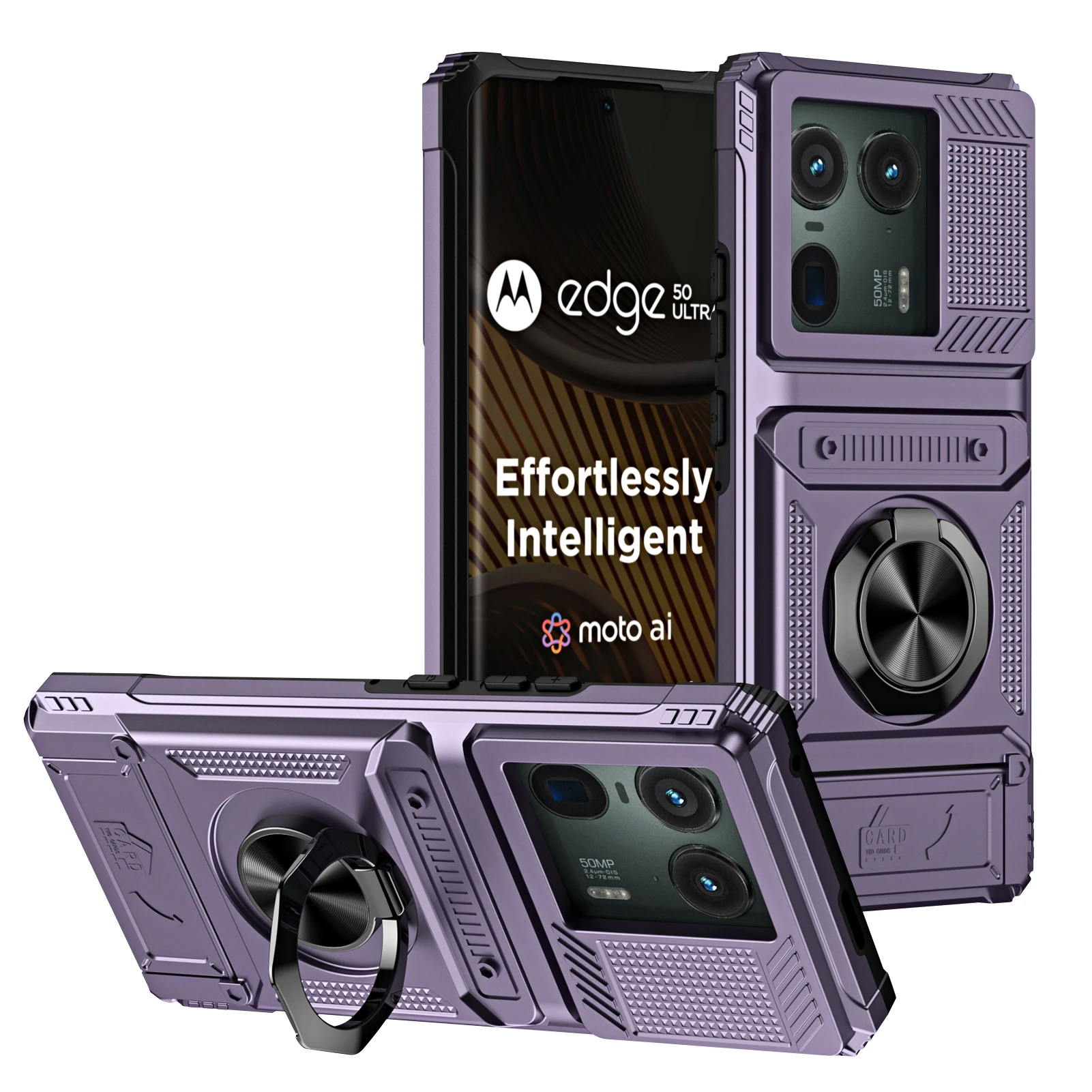 Shockproof Heavy Armor Phone Case with Metal Ring Holder and Hidden Card Slot