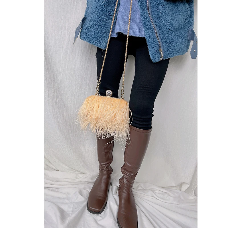 Luxury Ostrich Feather Party Evening Clutch Bag Women Wedding Purses and Handbags Small Shoulder Chain Bag Designer Bag 16 Color