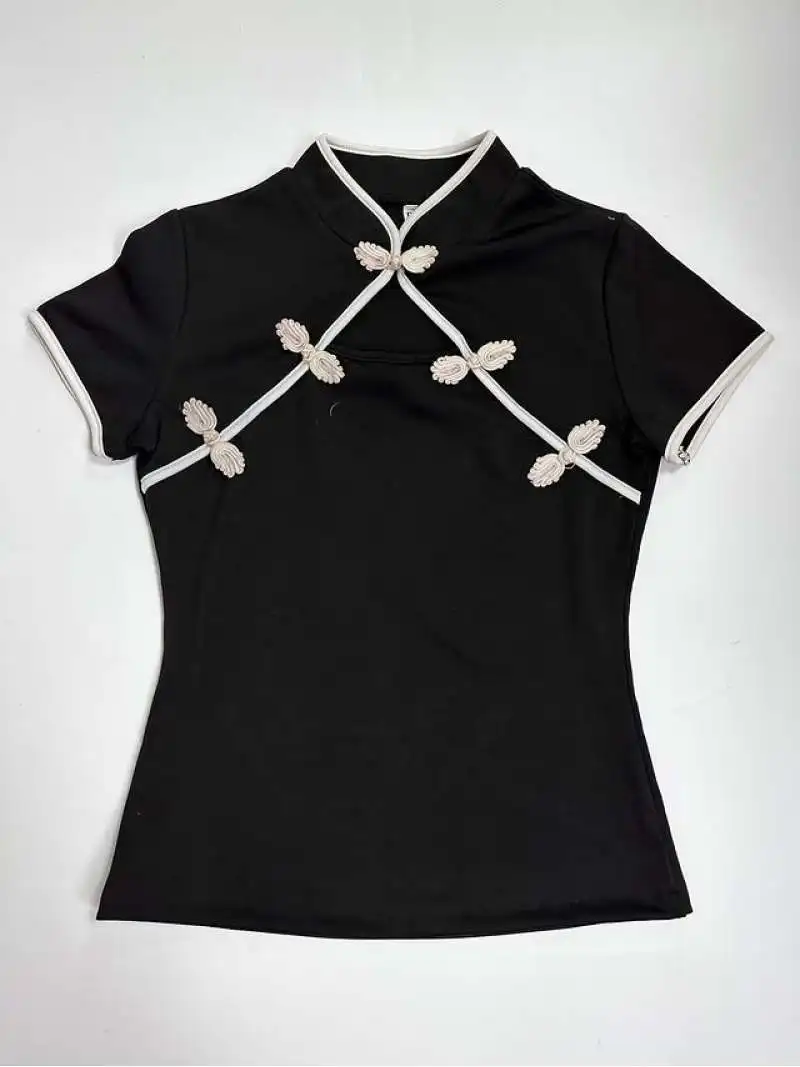 Women Black Cheongsam Inspired Top 2026 Slim Fit Mandarin Collar Frog Button Short Sleeve Tee 2