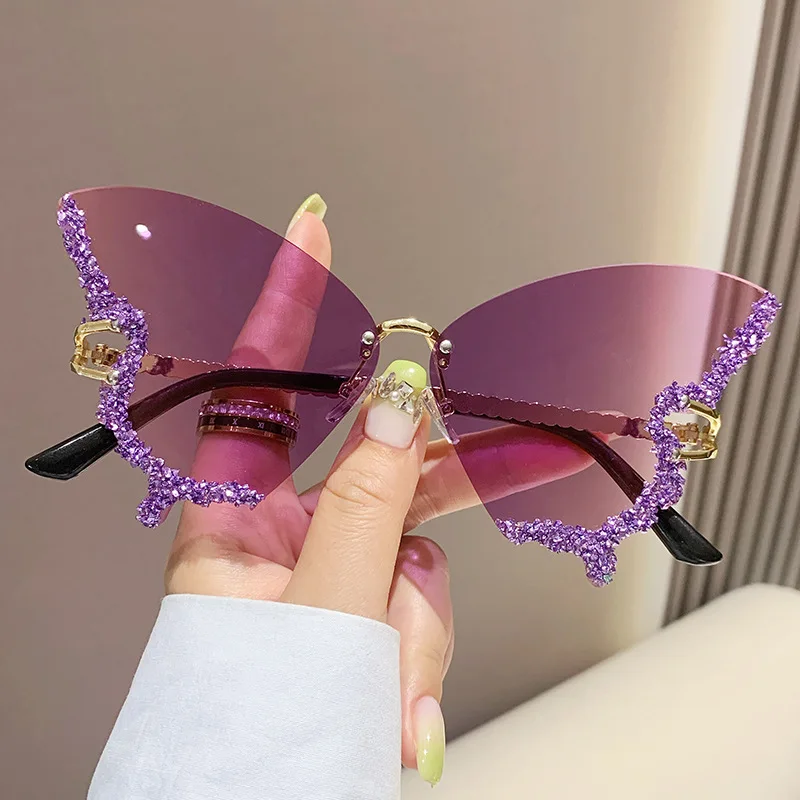 

2023 New Large Frame Butterfly Style Lens with Diamond Rhinestone Rimless Sunglasses Ins Fashion Sun Glassess for Women Girls