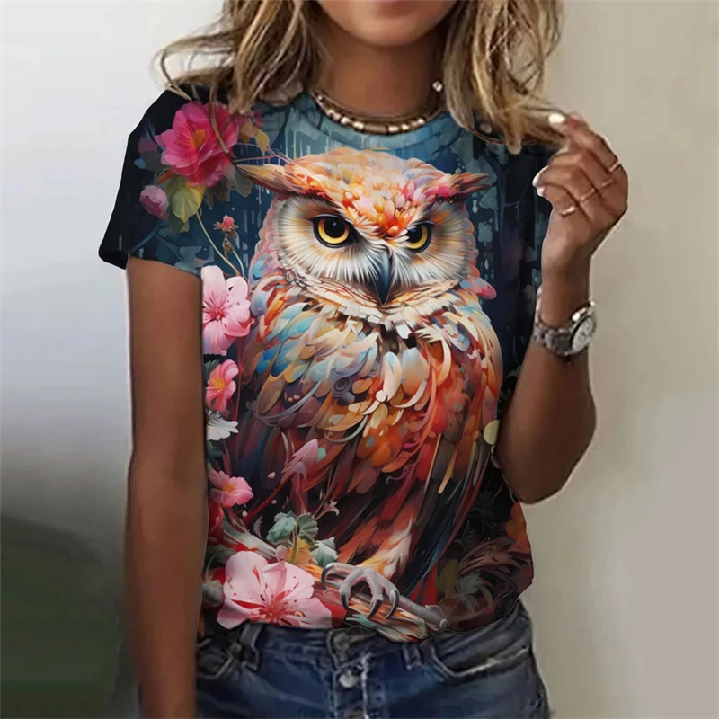 

Vintage Birds Graphic Women's Tee Shirts Summer Fashion Short Sleeve 3d Owl Print Oversized Female Clothing Ladies Holiday Tops