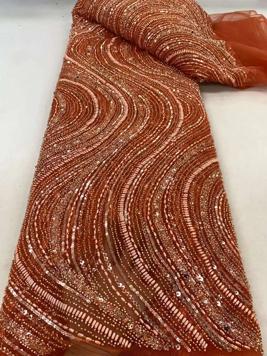 

African Handmade Heavy Beads Tulle Lace Fabric 2024 High Quality French Luxury sequins Lace Fabric For Bridal Wedding Dress Sew