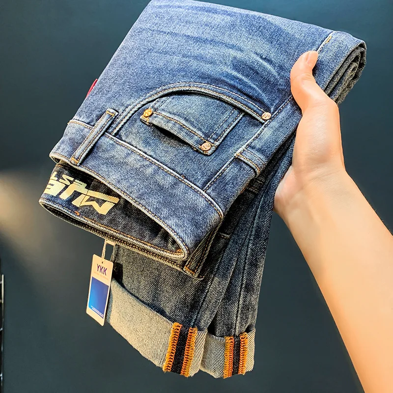 2024 new fashion wash blue jeans men's autumn trendy printed elastic minimalist casual trousers 3