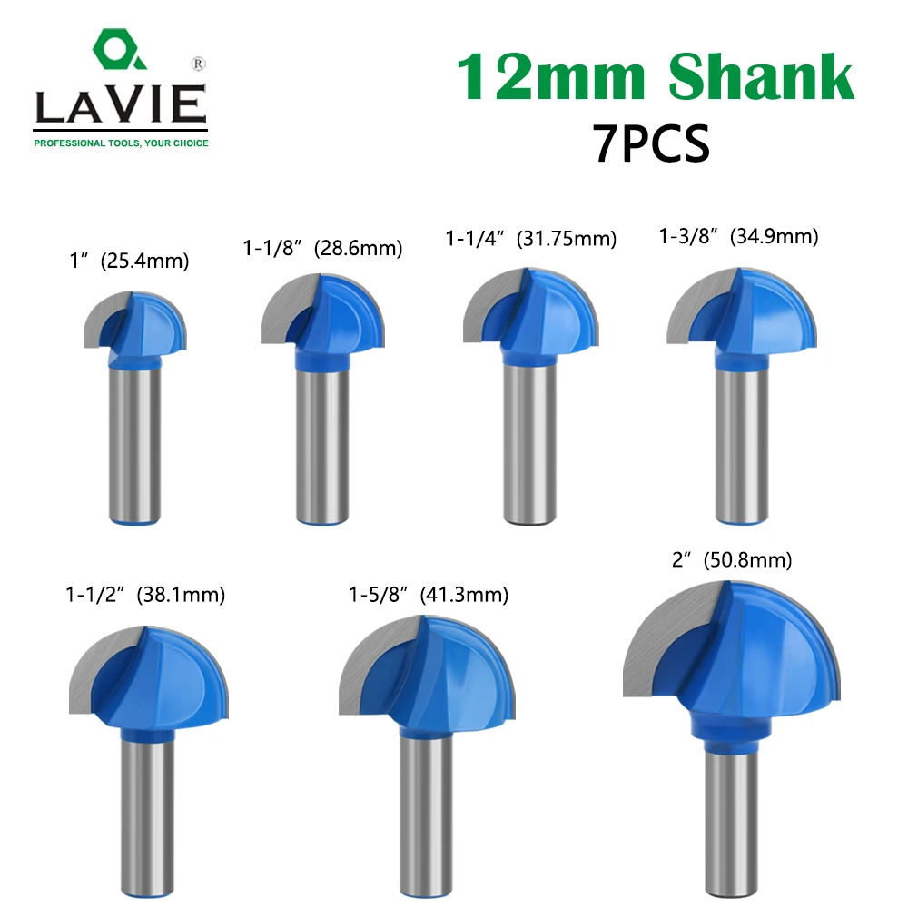 

LAVIE 7pcs 12mm shank Round Nose Two Flutes Router Bit set for Woodworking Cove Box Bit Key Hole Application