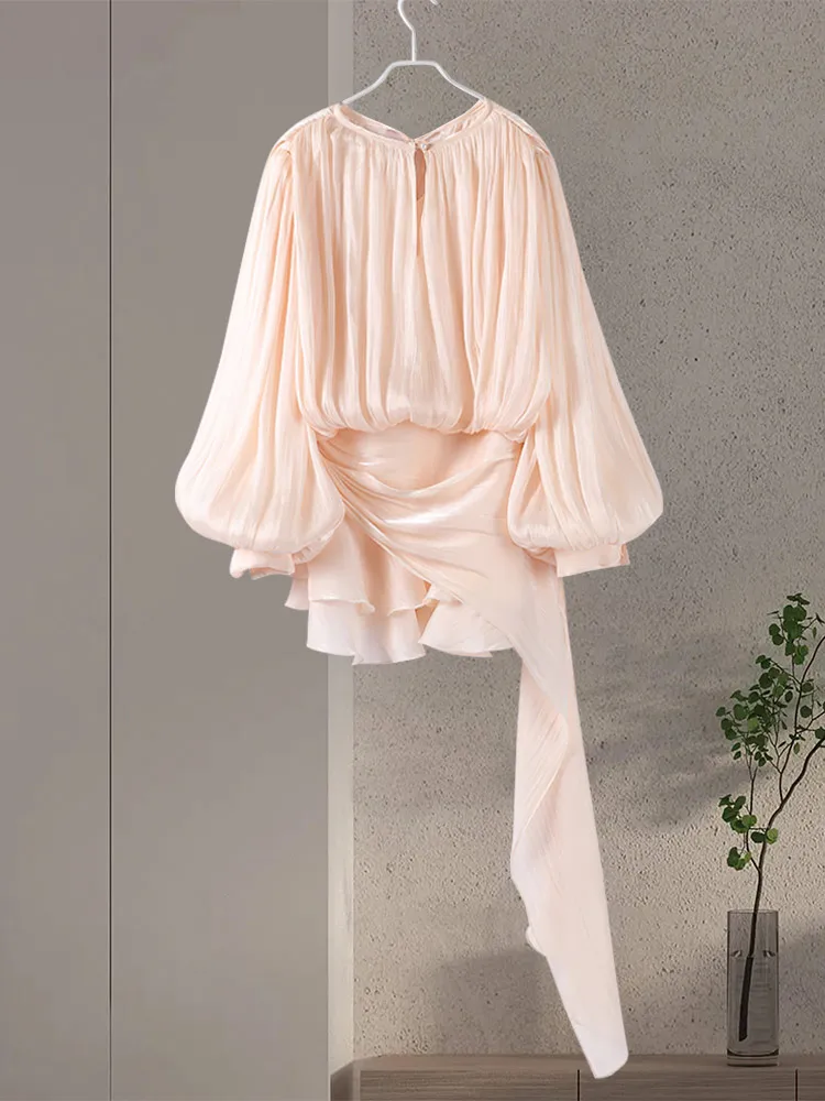 Elegant Flounce V-Neck Lace-Up Lantern Sleeve Mini Dress with Patchwork Details