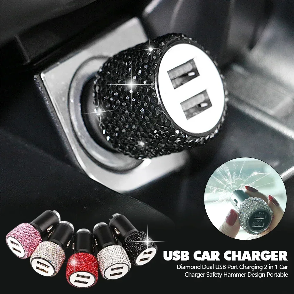 Dual USB Car Charger - 5V 2.1A Fast Adapter Diamond Styling for Women & Motorcycle Use