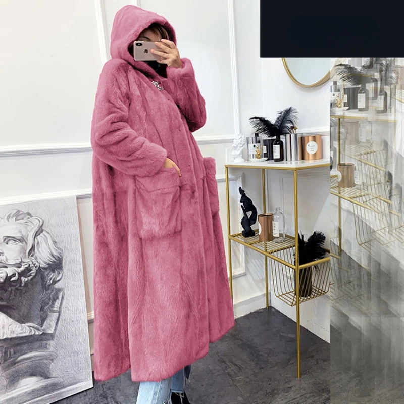 Luxury Brand Winter Long Fur Coat Women Warm Thick Faux Fur Jacket Hooded Chic Robe Buttons Long Sleeve Outerwear New