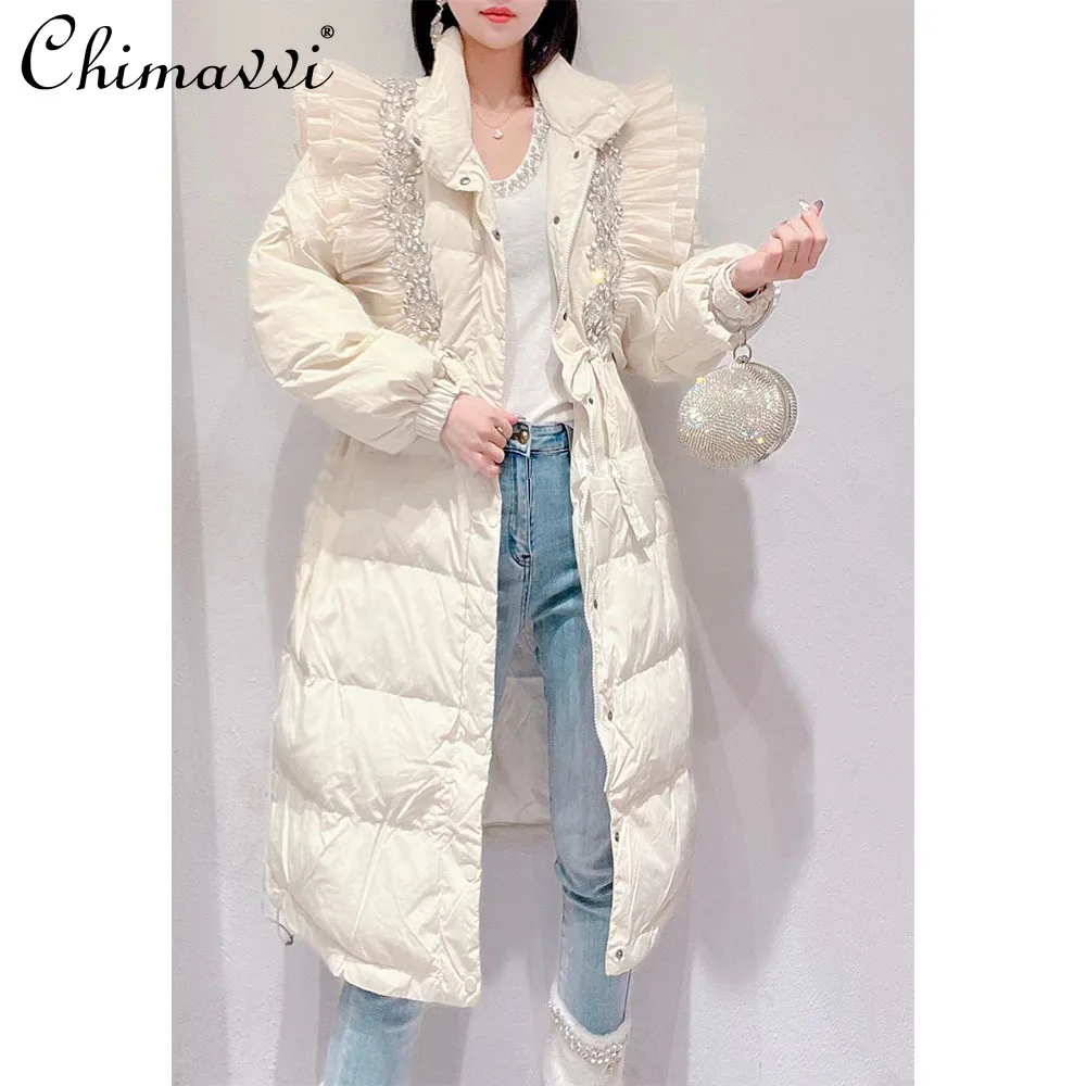 

Mid-Length Jackets Female 2023 Winter New Korean Style Sweet Heavy Industry Luxury Rhinestone Thick Warm White Duck Down Coat