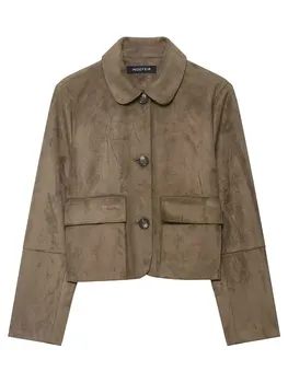 سترة خريف HH للنساء معطف كلاسيكي من جلد الغزال الصلب بأكمام طويلة وياقة مقلوبة سترات قصيرة موضة ملابس خارجية عالية الشارع 2