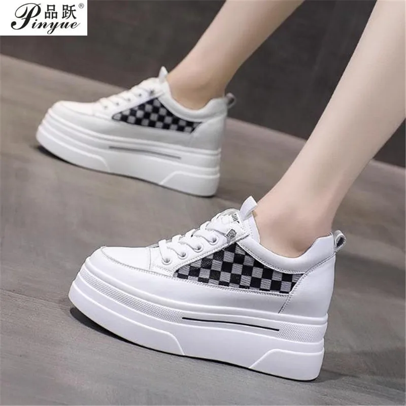 

8cm Leather Casual Women Shoes White Black Sneakers Women Spring Summer Shoes Breathable Mesh High Heels Woman Chunky Sneakers