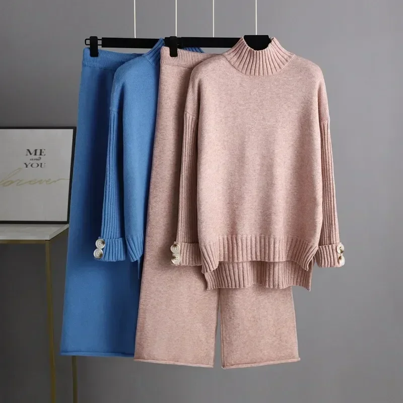 

Thick Women Pieces 2 Knitted Autumn Loungewear Turtleneck Outerwear Pants Straight Suits Jogging Loose Sweater Half Suit Winter