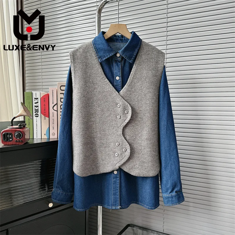 

LUXE&ENVY Knitted Vest Denim Shirt Two Piece Set For Women's Loose Fashionable Casual Sweater Set 2023 Autumn