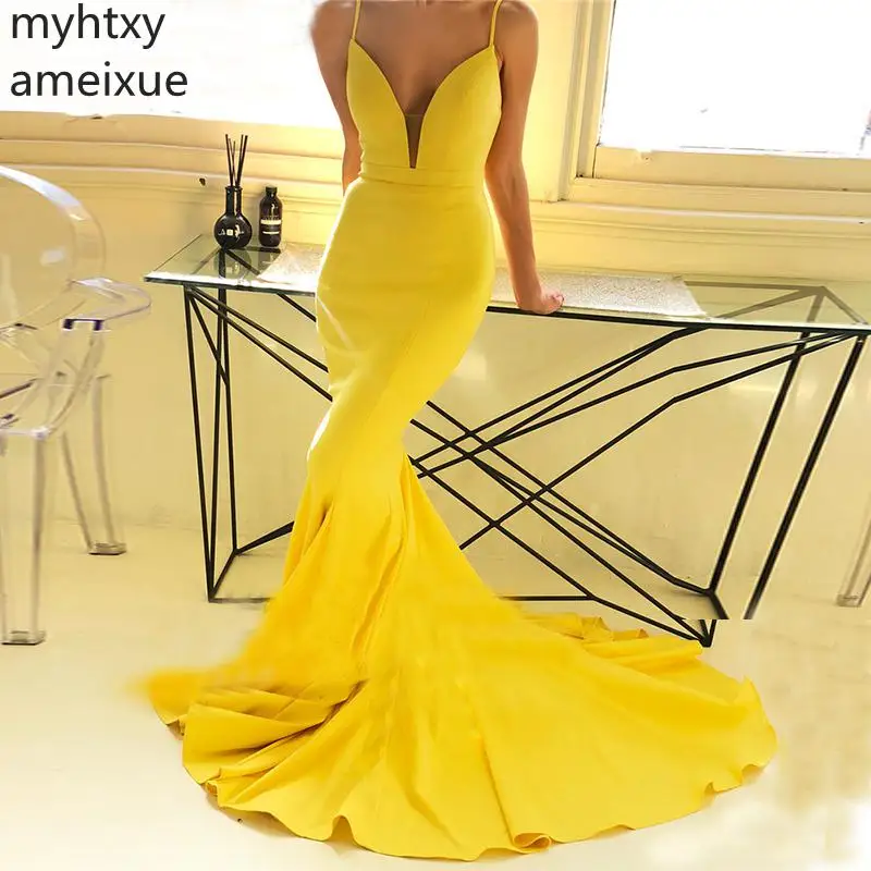 

Party Custom Sexy Yellow Mermaid Prom Dresses 2023 Spaghetti Straps Satin Noche Formal Evening Party Gowns Simple Plus Size