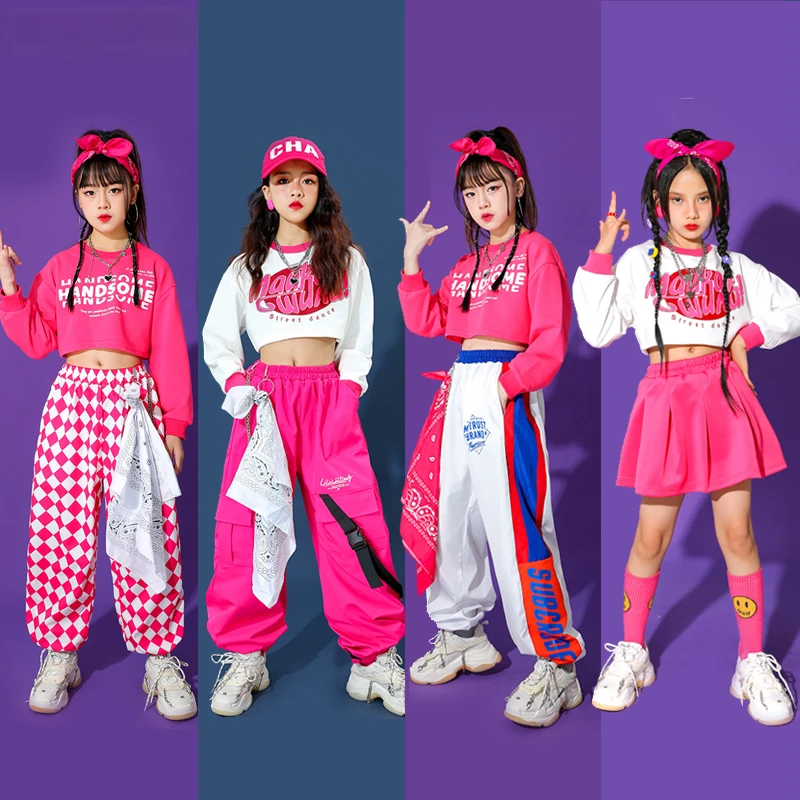 

Girls Hip Hop Crop Top Cargo Pants Child Sweatshirt Plaid Skirt Kid Streetwear Jazz Cheerleader Street Dance Costume Clothes Set