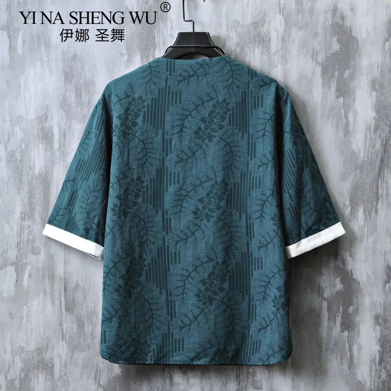 Kimono Japanese Style Men's Short Half-sleeved Shirt T-shirt Japanese Yukata Feather Knitted Cardigan Clothing Cotton and Linen