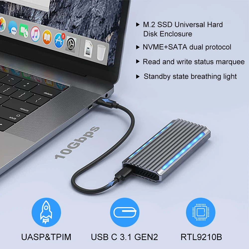 알루미늄 합금 SSD M2 NVMe RGB 케이스, 10Gbps RGB M.2 SSD 인클로저, M2 NVME NGFF 모바일 박스 어댑터 9210B 용 C타입 USB 3.2 Gen2