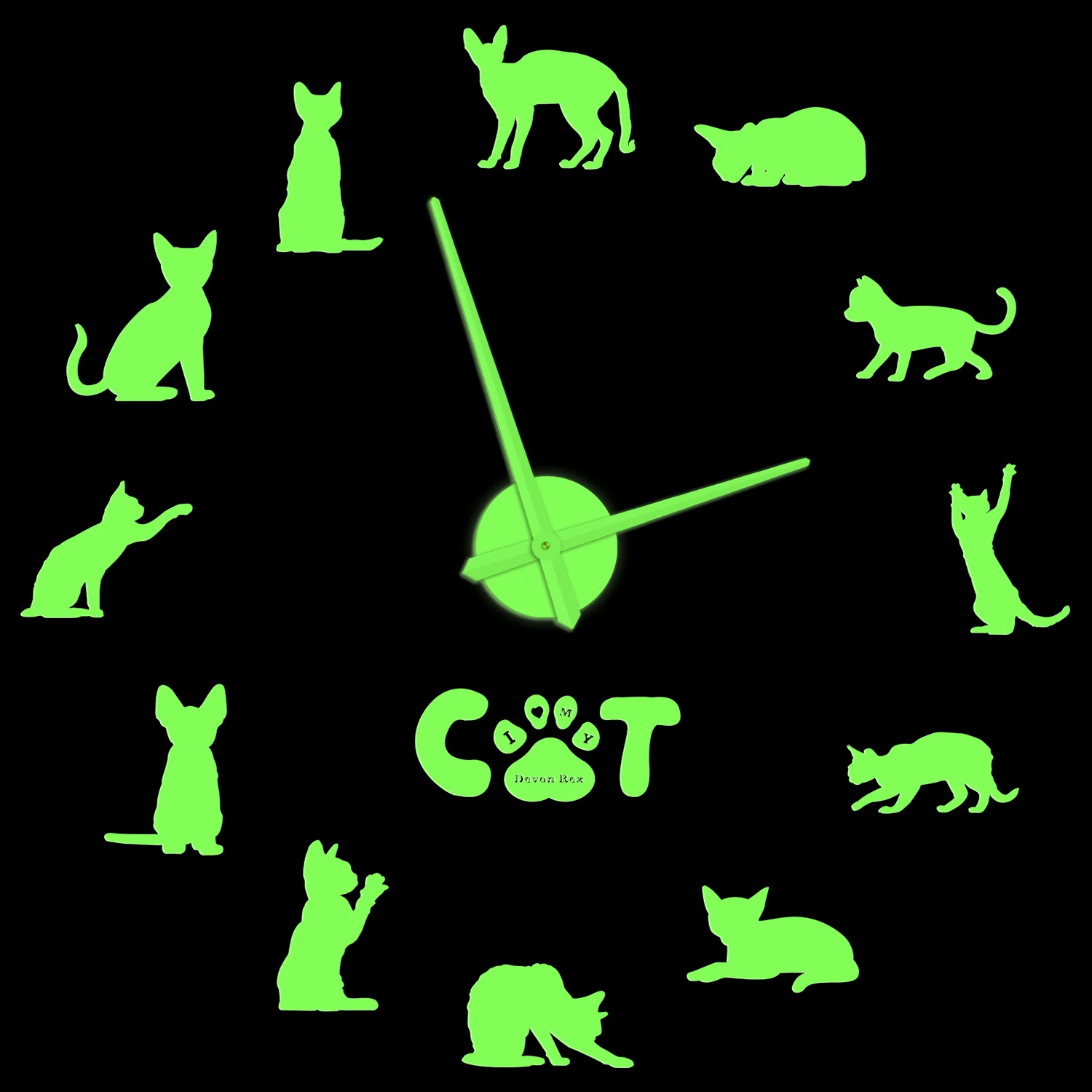 

Devon Rex Cat Glow in Dark Wall Clock For Living Room Kitty Kitten Breed Pet Shop Decor Self Adhesive DIY Stickers Large Watch