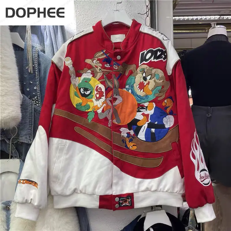 2022 New Spring Autumn Clothes Trendy Thick Coat Couple Outfit Hip Hop Biker Baseball Jacket Cartoon Embroidery Streetwear Coats embroidery love sweater couple wear niche trendy loose bottoming shirt fall winter men new winter sweater men men coats