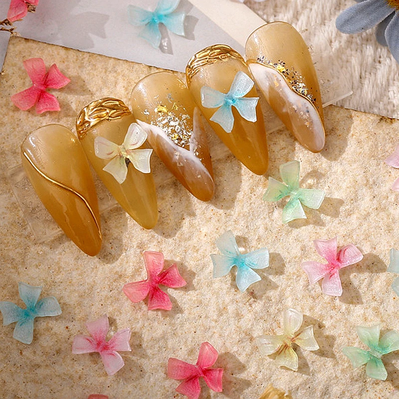 

20PCS/Pack Gradient Color Resin Nail Ribbon Bow Charms 3D Acrylic Nails Art Decorations Bowknot Accessories Manicure Decor Pats