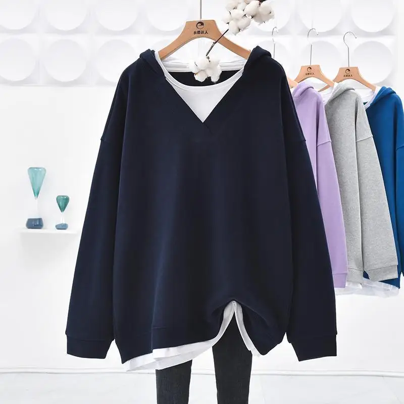 Spring Autumn New Women\'s Simplicity Extra-large Size V-Neck Fake Two Pieces Fashion Casual Loose Long Sleeve Hooded Tops