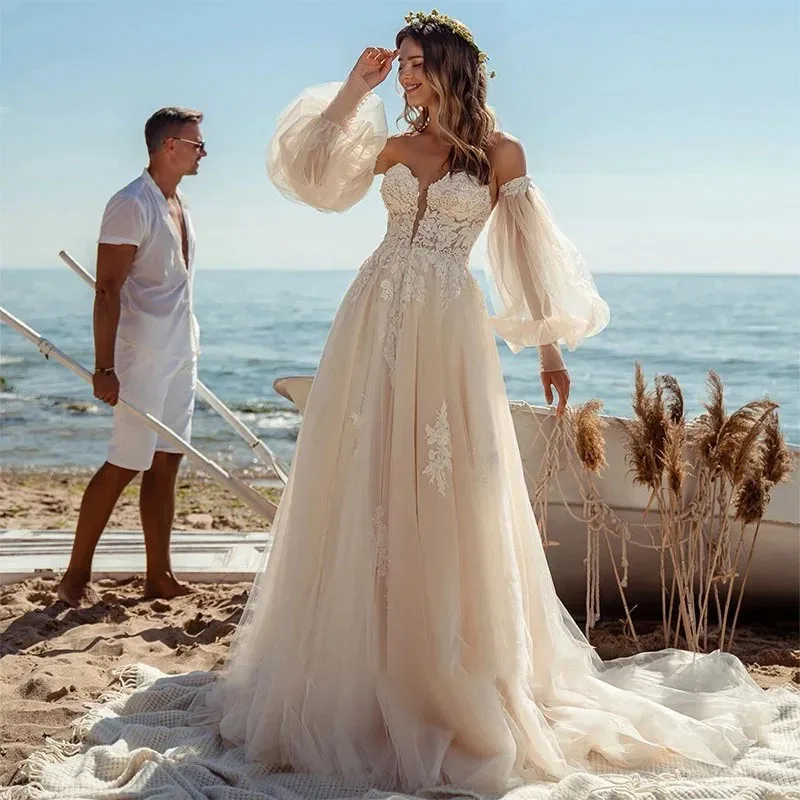 

LORIE Fairy Beach Lace Wedding Dress A Line Sweetheart Neck Bridal Dresses With Detachable Puff Sleeve Boho Wedding Gowns 2024
