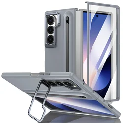 Premium Metal Lens Stand Case with S Pen Slot and Tempered Glass Protector for Samsung Galaxy Z Fold Series (Gray)