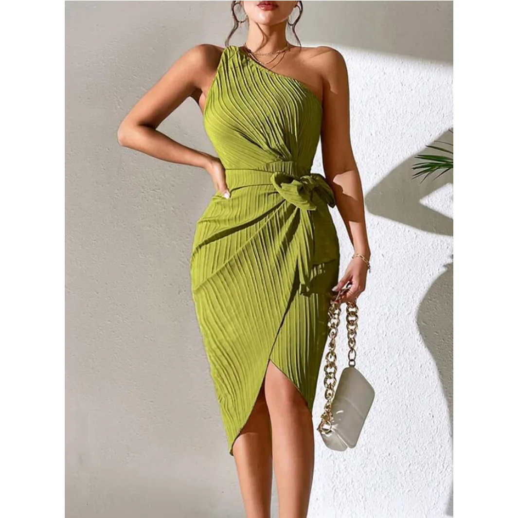 

Sexy One Shoulder Twist Front Midi Dress For Women Asymmetrical Hem Summer Elegant Mid Waist Party Dresses Vestidos