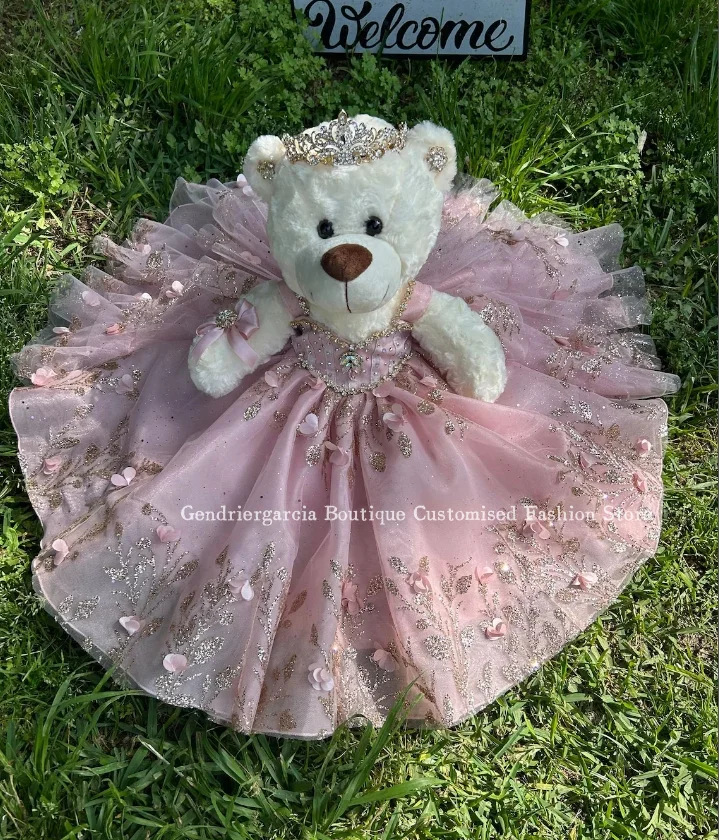 Luxury Baby Pink Quinceanera Teddy Bear Dress 2025 Glitter Mexican