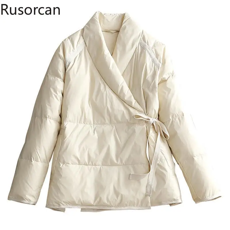 

2023 Original Niche Design Fashionable Down Jacket Winter New Literary Loose Cape Solid V-neck Short Lace Up Versatile Jacket