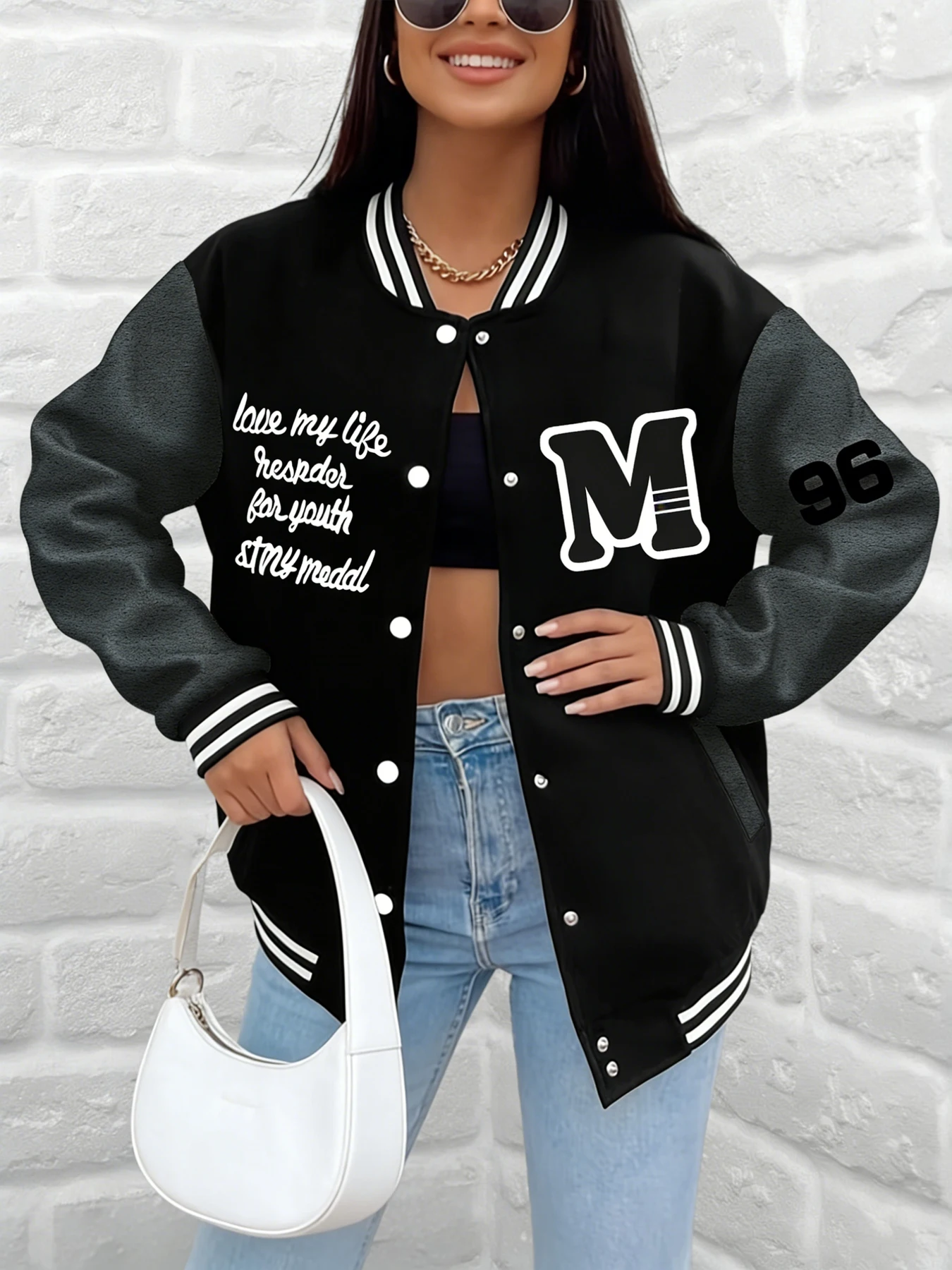 ג'קט בייסבול עם הדפס אותיות M 96 לנשים, אהבה על החיים שלי, גזרה רחבה, מעיל ורסיטי לשימוש יומיומי ברחוב