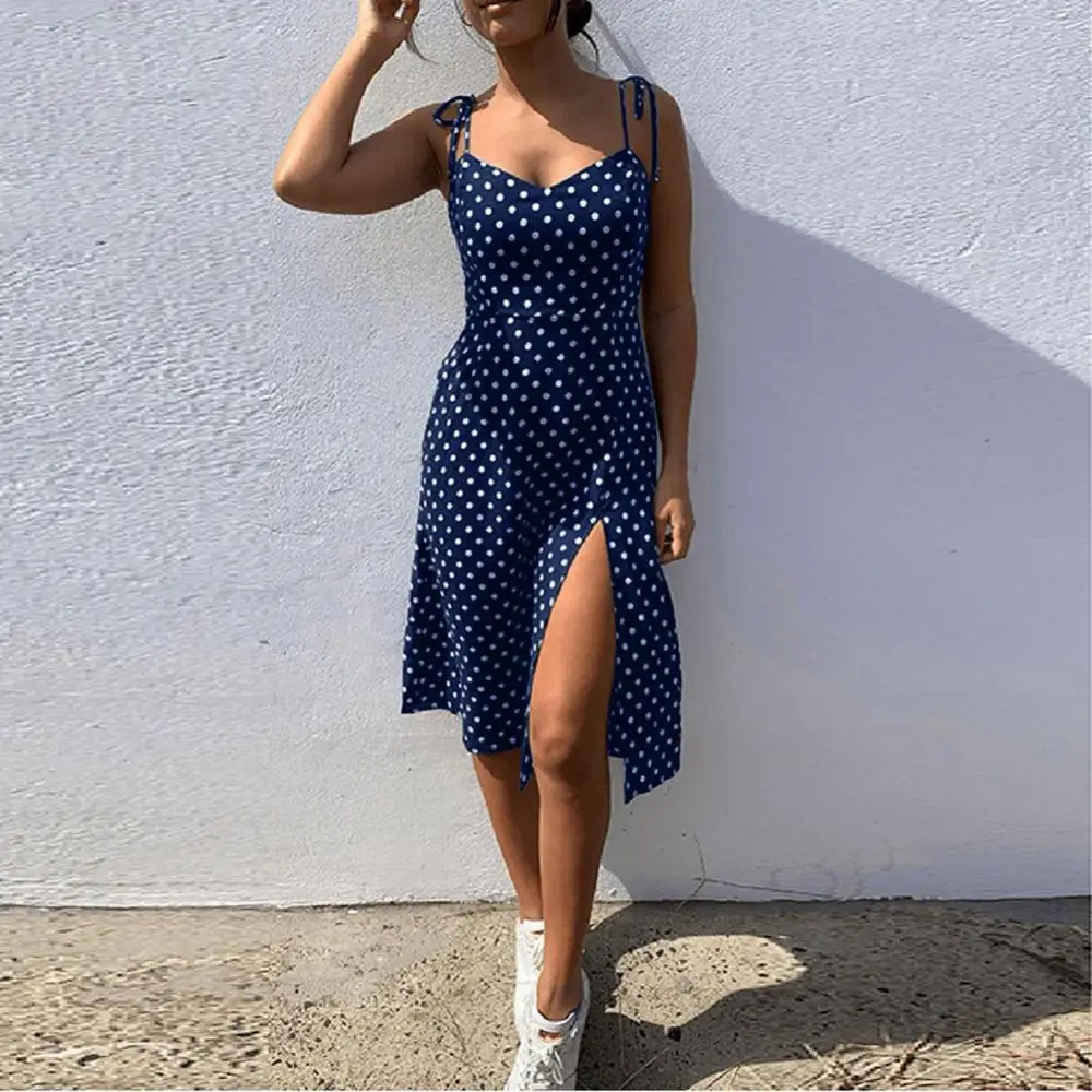 

Dresses Sundress Summer Women Casual Polka Dot Sleeveless High Pleated elastic waist V-Neck Beach Dress Vestidos De Verano