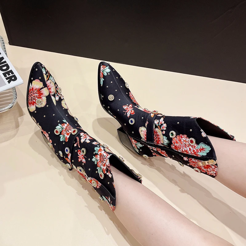 Pointed Rhinestone Rivet Women's Boots Thick Heels Flower Mixed Colors Side Zipper High Heels Short Tube Boots Winter Size 35-42