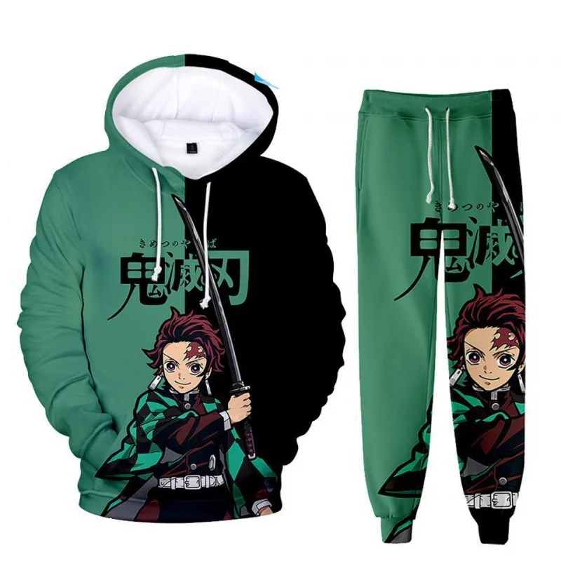 2PCS Anime Demon Slayer Tracksuit Set Men Oversize Hoodie Pants