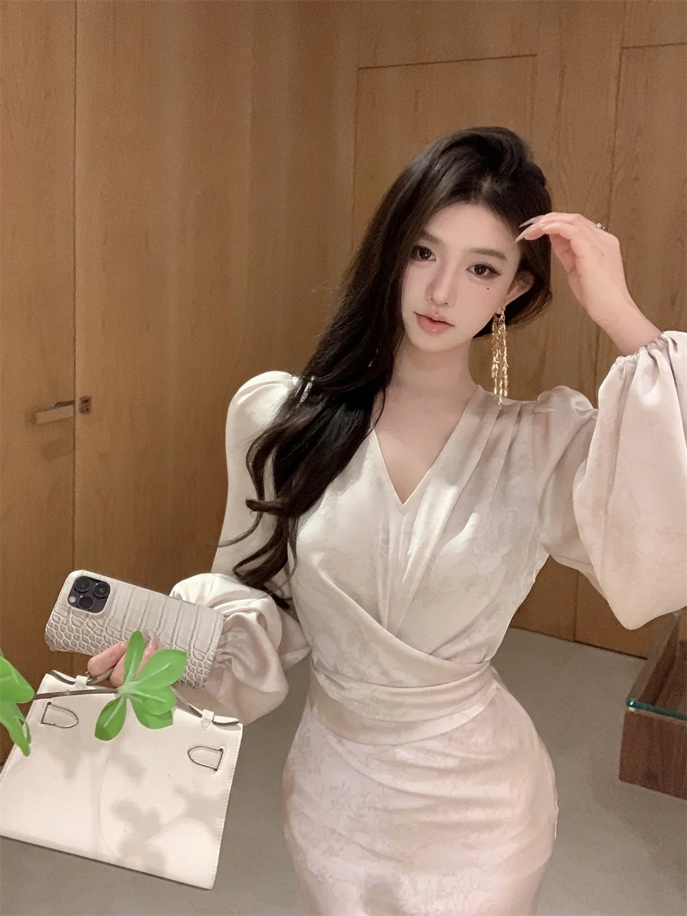 Elegant Bodycon Printed Midi Dresses for Women V-neck Lantern Sleeve Slim Waist Mermaid Evening Party Dress Autumn New Vestidos