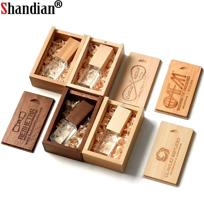 SHANDIAN Kristall Holz USB 2,0-Stick Pen Drive U Disk Memory Stick 8GB 16GB 32GB 64GB Hochzeit Geschenk Thumb Drive