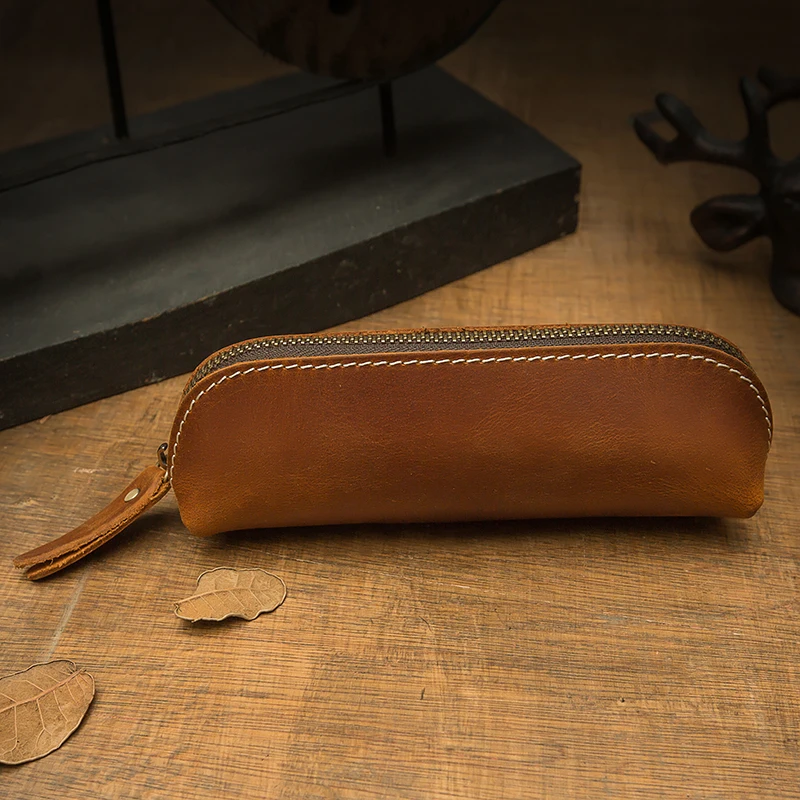 Vintage Genuine Leather Zipper Pencil Case Cowhide Leather School Office Stationery
