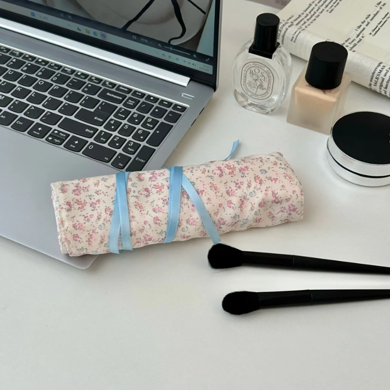 아이들을위한 미적 봄 꽃 롤업 연필 가방 소녀 핑크 베이지 휴대용 학생 연필 주머니 대용량 펜 주최자