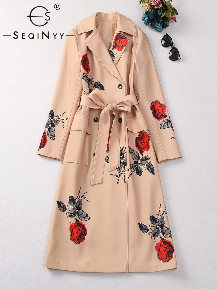 

SEQINYY Long Trench Coat Spring Autumn New Fashion Design Women Runway High Street Vintage Red Flower Print Khaki Elegant Belt