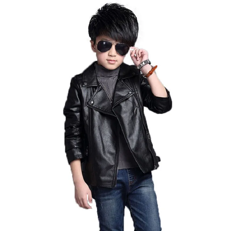 Spring Autumn Red Black Kids Boys Girls Leather Coat for Children