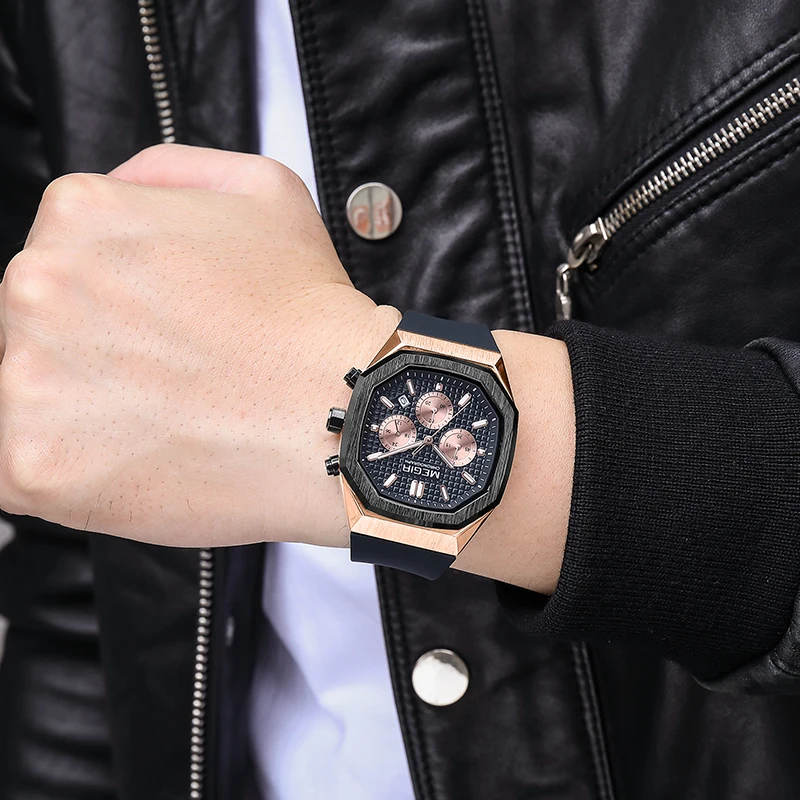 MEGIR Brand New Sport Chronograph Watch Men Silicone Waterproof Fashion Square Luxury Quartz Watches Mens Relogio Masculino