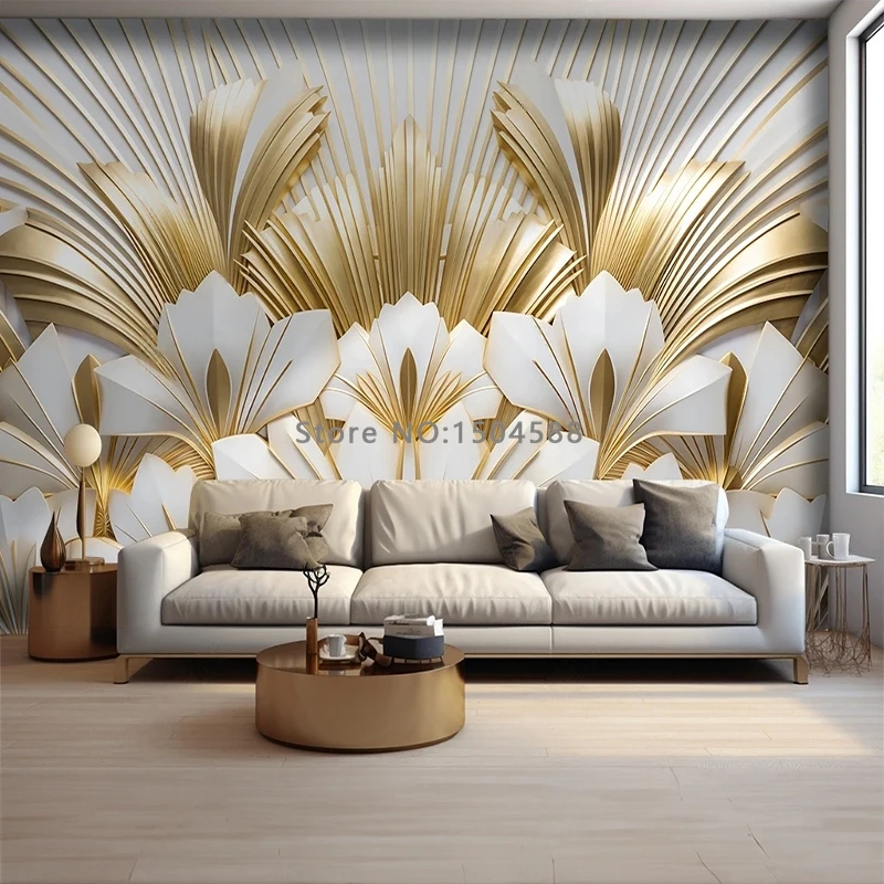 Papel de parede mural personalizado, folhas douradas,