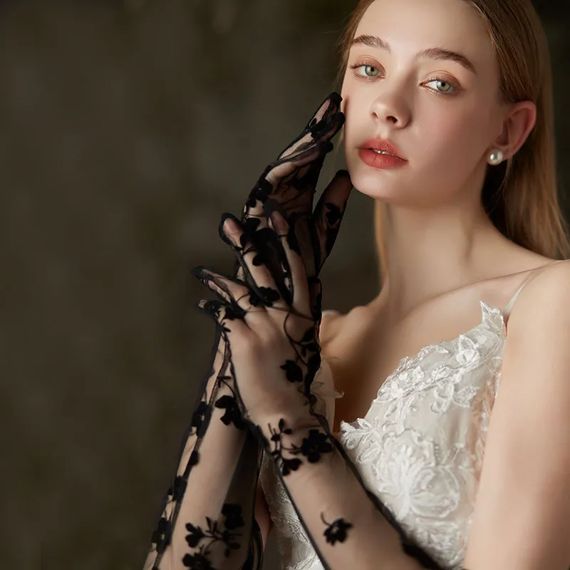 WG126 Elegant Bridal Long Gloves Soft Tulle Black Embroidered Flowers Finger Elbow Wedding Pageant Prom Gloves