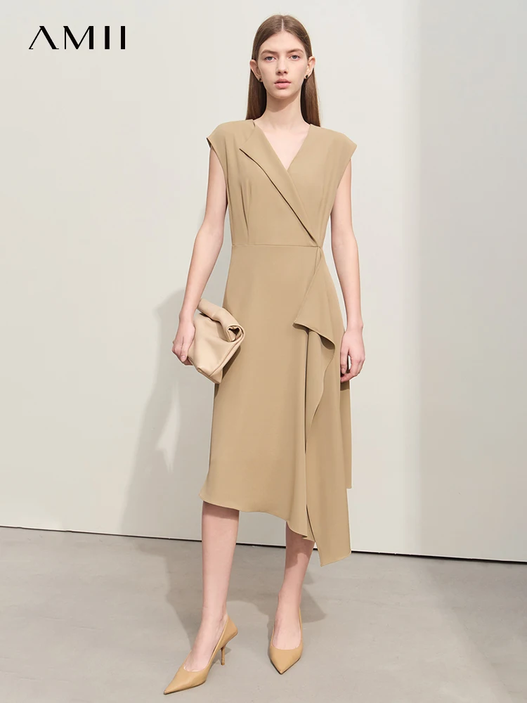 

Amii Minimalism Women Dress 2024 Summer New Elegant French V-neck Asymmetric Female Slim Trendy Midi Dresses For Lady 12452009