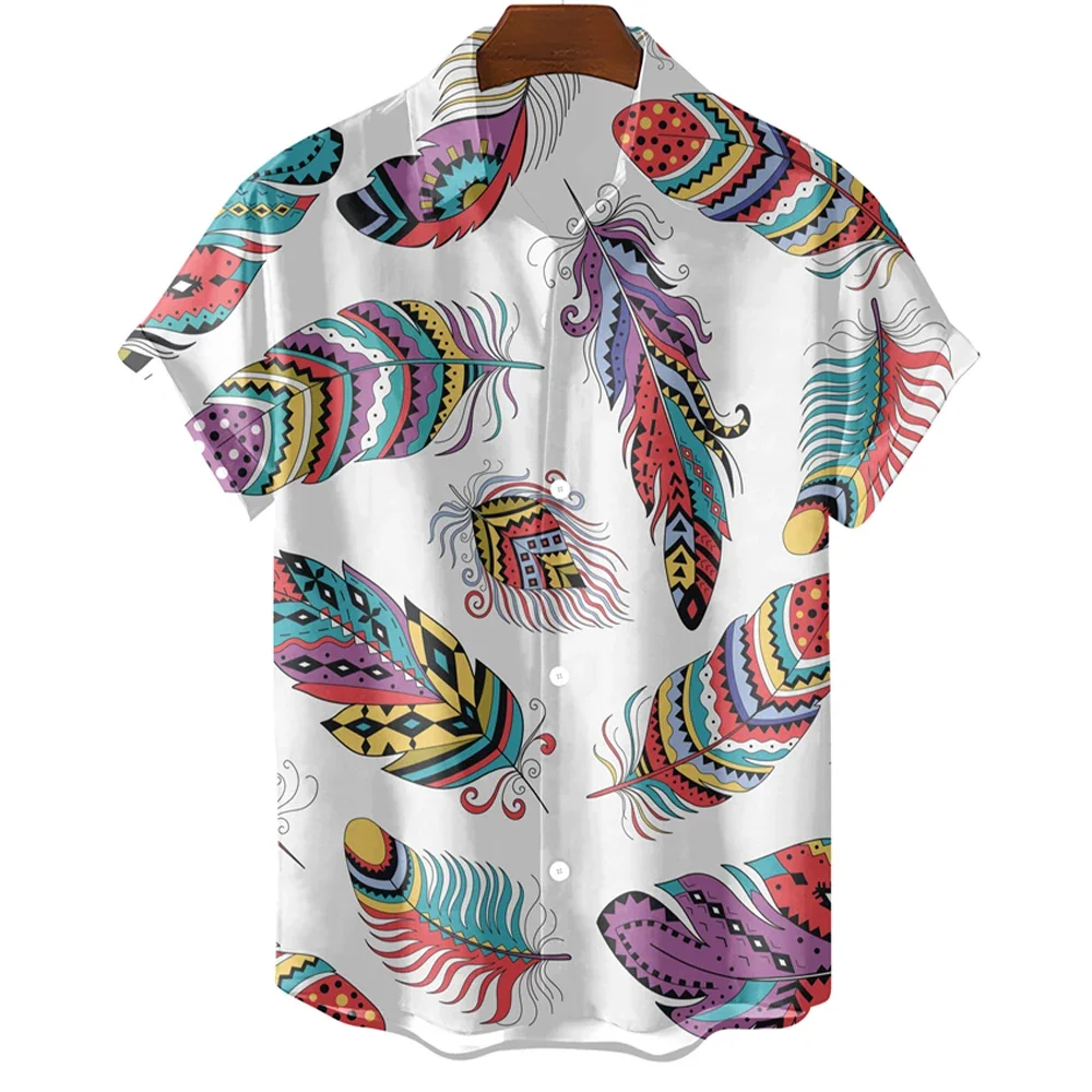 

Men's Fashion Personalized Feather Design Pattern Print Top Women's Short Sleeve Shirt Casual Button Shirt Top
