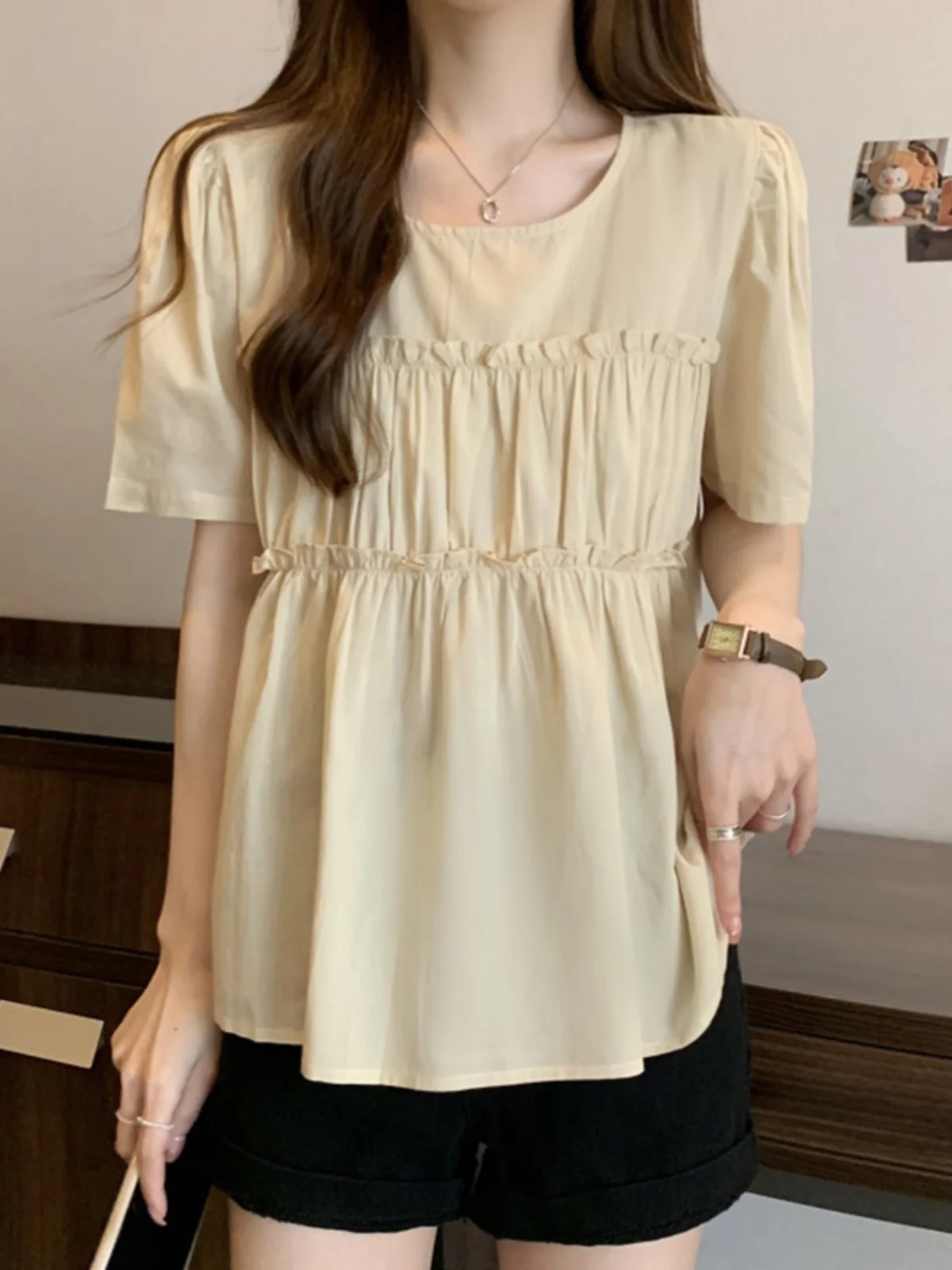 

Womens O-neck Chiffon Top Short Puff Sleeve Ruffled Blouse Summer Beach Wear Chiffon 2024 News Solid Color News Plead S37