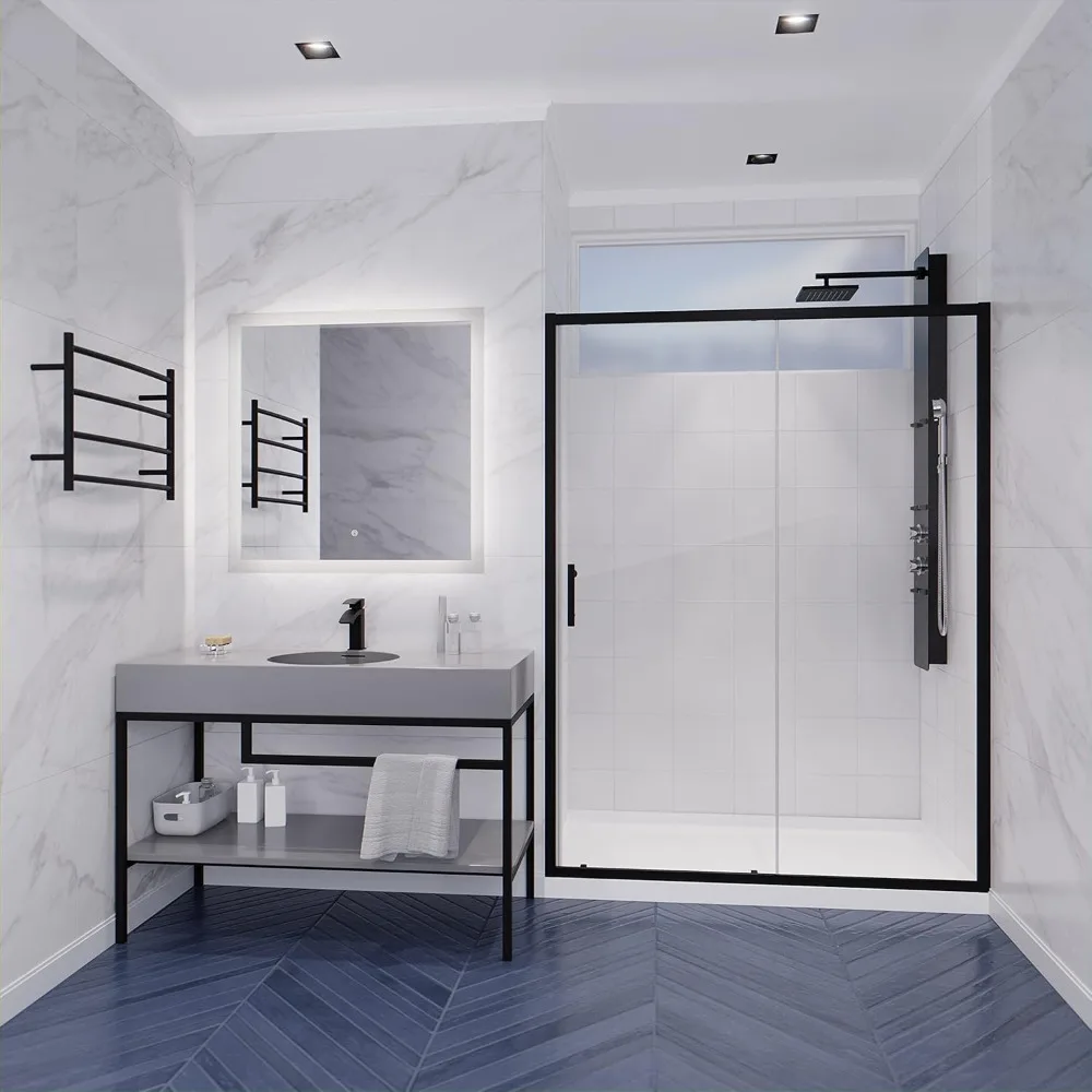 Framed Shower Door in Matte Black, Halberd Water Repellent Glass Shower Door with Seal Strip Parts, Easy Glide Rollers Sliding 2